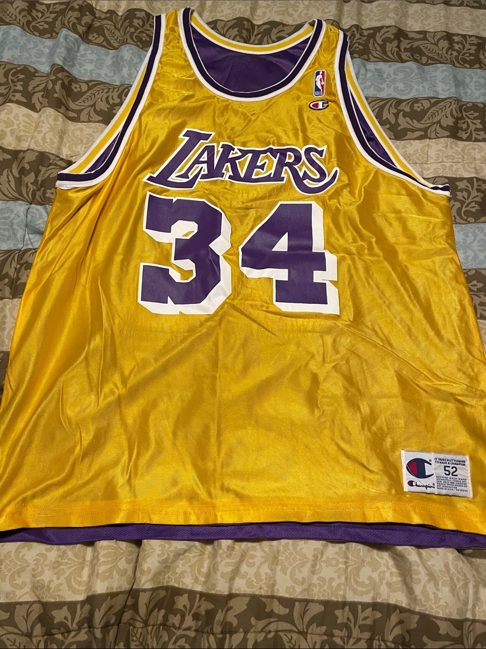 Champion Gold and Purple Lakers #34 double sided Basketball Jersey screen print